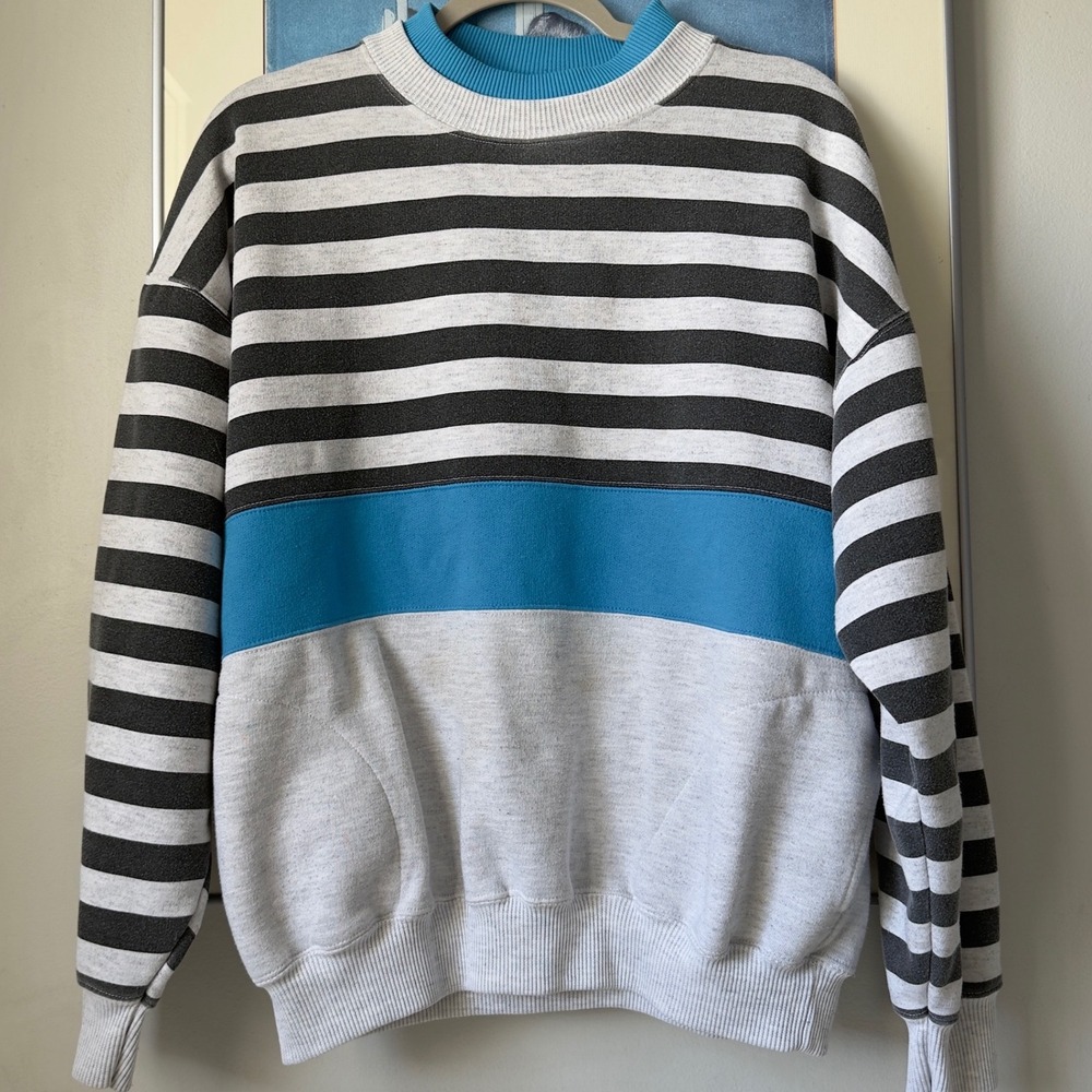 Vintage 90s Claybrooke Striped Colorblock Mock Neck Sweatshirt M Grey Teal Retro
